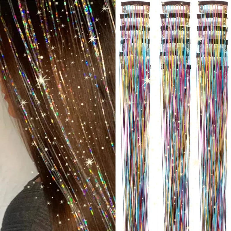 EROADE Hair Tinsel 18 Pcs Clip in Hair Tinsel Kit for Girls 22 Inch Glitter Fairy Tinsel Hair Extensions Colorful Heat Resistant Party Festival Accessories for Women Kids (Tri-color-18 Pcs) - Image 1